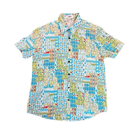 vatpove Tops - Vatpove Shirt Womens Medium Green Blue Aztec Madras Coastal Country Vacation